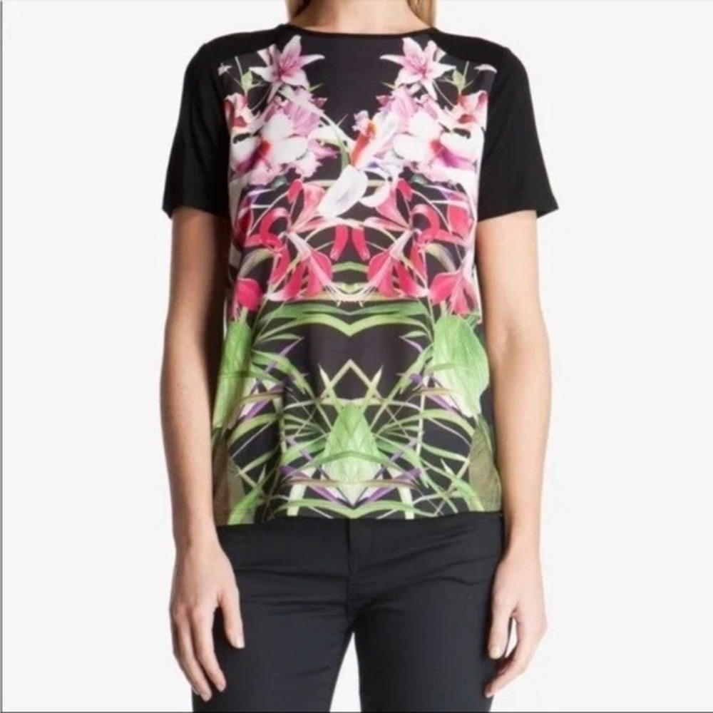 Ted Baker London Sew in Love Black Tropical Floral Mixed Media Tee Size 2 M